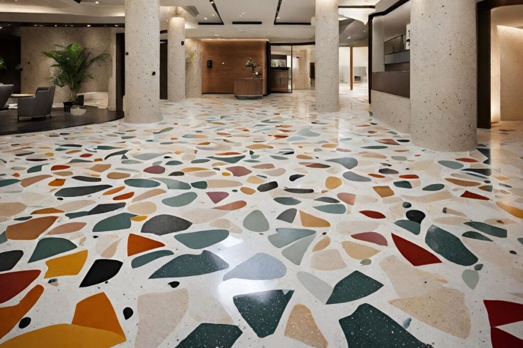 A vibrant and intricate composite surface created with an amalgamation of diverse stone chips set within a polished concrete base.