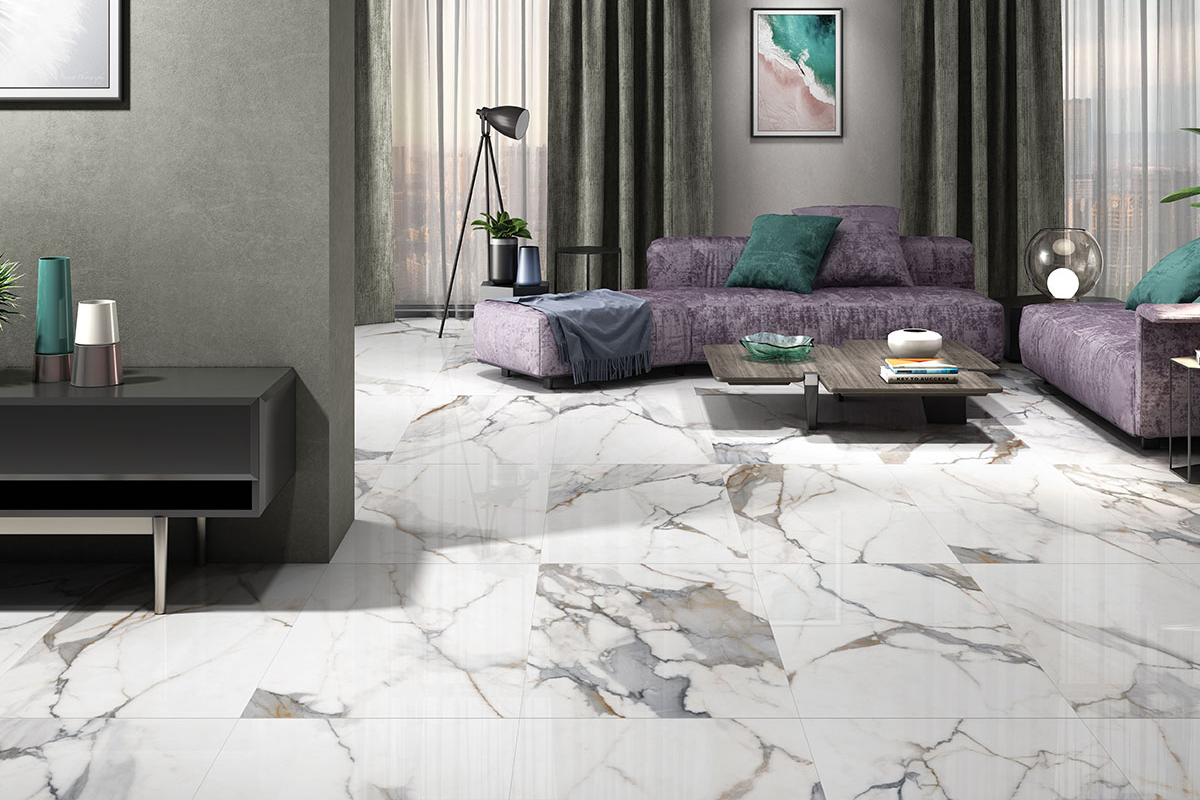 Contemporary living room adorned with stylish and durable living room tiles, showcasing a seamless integration of aesthetic appeal and functional design.